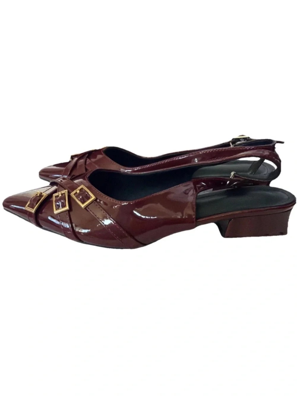 🆕Patent Pointed Slingback Block Heel Triple Buckle Detail - Cherry Red SZ 8.5 - Picture 5 of 5